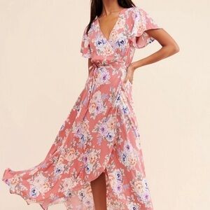 Auguste The Label Pascal Muse Floral Wrap Maxi Dress Pink Peach Short Sleeve 8